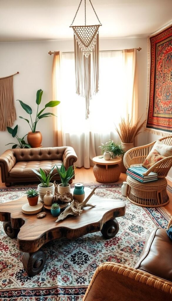 A cozy, light-filled boho living room with a plush, patterned area rug, a low, tufted leather sofa, and a macrame wall hanging cascading from the ceiling.