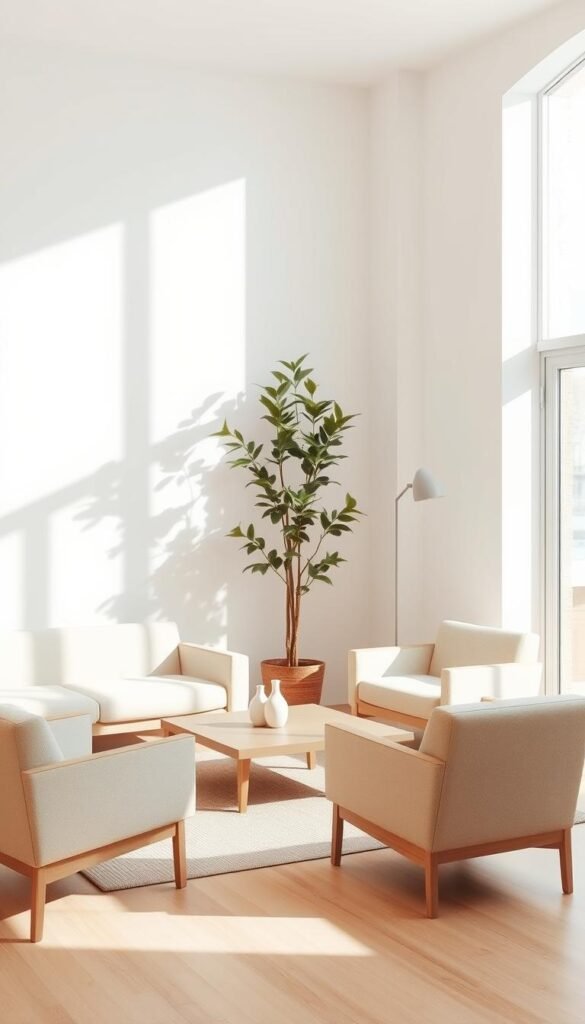 A cozy, light-filled minimalist living room with clean, uncluttered lines.