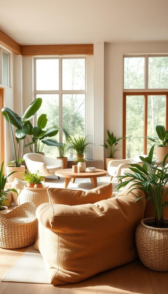 A cozy, light-filled organic modern living room with natural textures and materials.