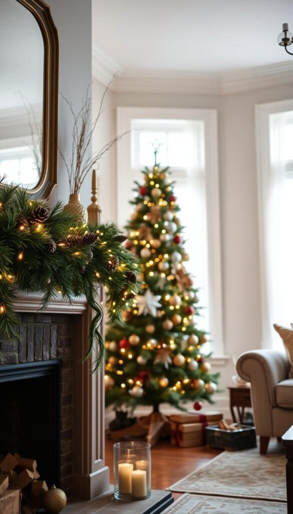 A cozy living room, adorned with a last-minute holiday display.