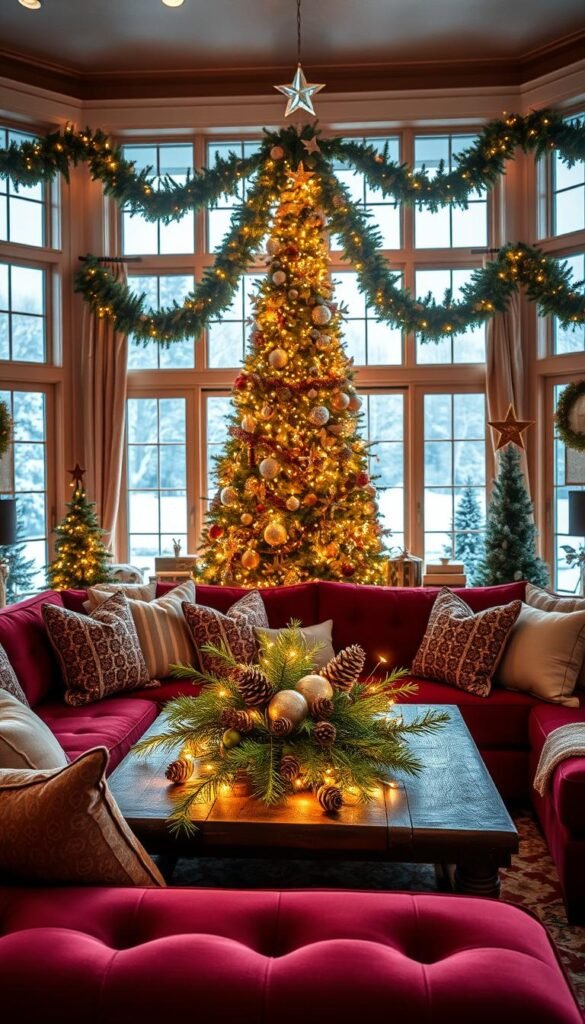 A cozy living room adorned with a mix of traditional and modern holiday decor.