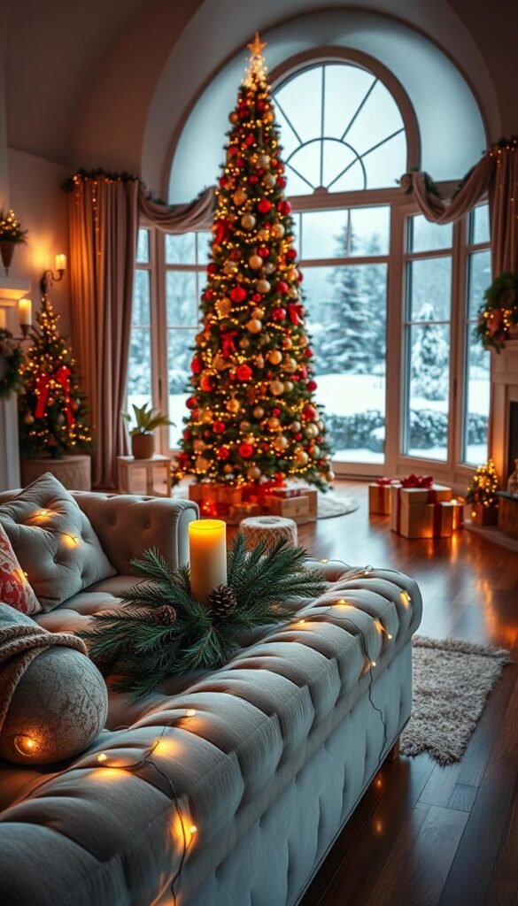 A cozy living room adorned with the essence of Christmas.