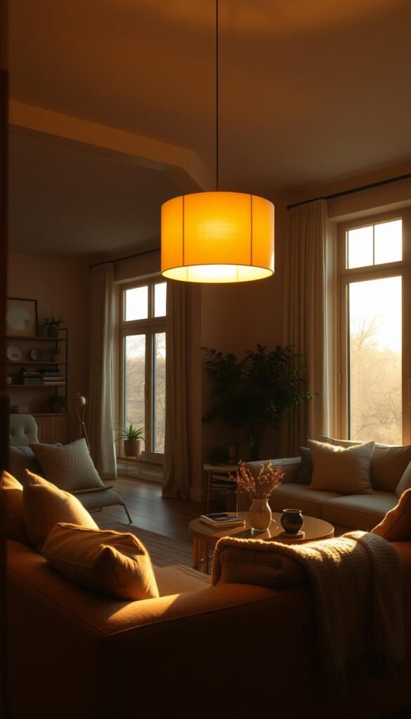 A cozy living room bathed in warm, ambient lighting.