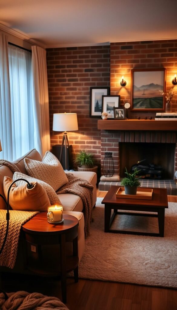 A cozy living room bathed in warm, ambient lighting.