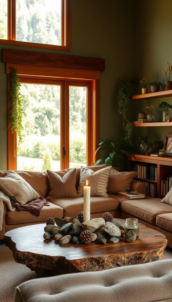 A cozy living room bathed in warm, diffused natural light, with a large window overlooking a lush, verdant landscape.