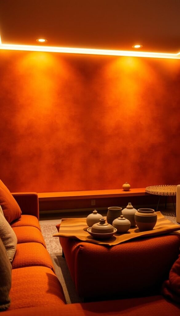A cozy living room bathed in warm, earthy lighting.