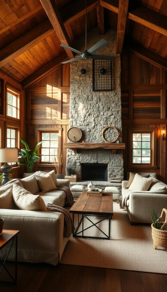 A cozy living room bathed in warm, natural light, with reclaimed wood beams and panels lining the walls.