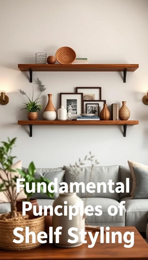 A cozy living room featuring a floating wooden shelf, artfully styled with a mix of decorative elements.