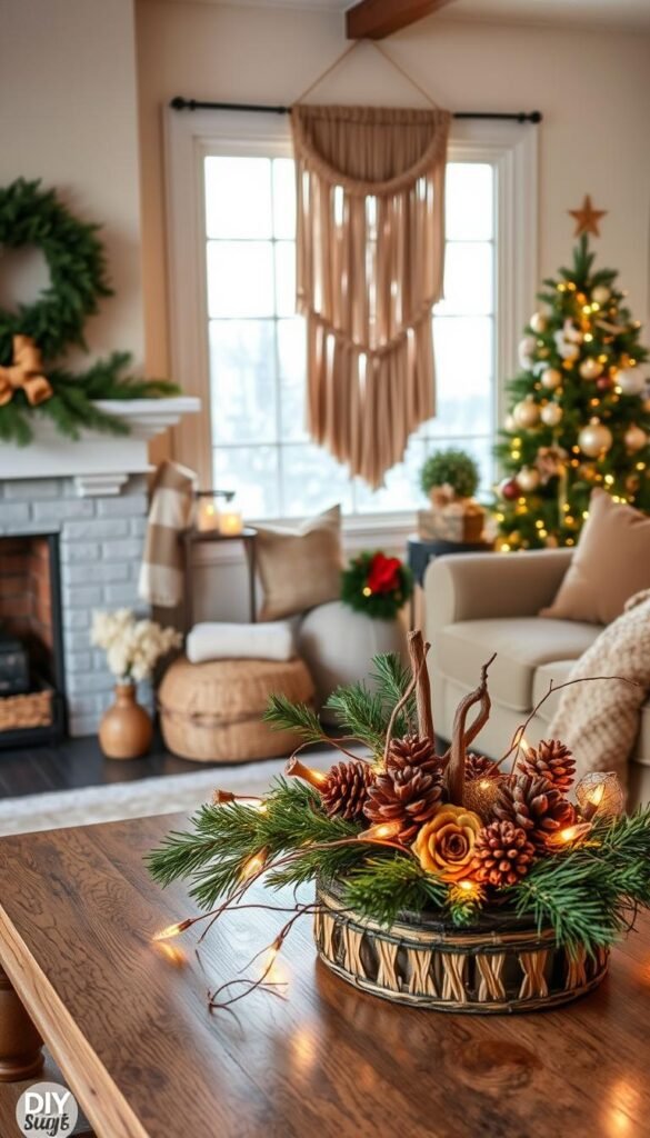 A cozy living room filled with festive DIY Christmas decor.