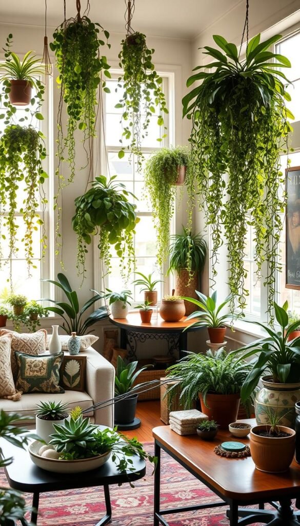 A cozy living room filled with lush, verdant plants cascading from shelves and window sills.