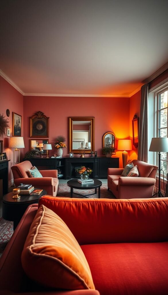 A cozy living room filled with vibrant hues and clever spatial strategies.