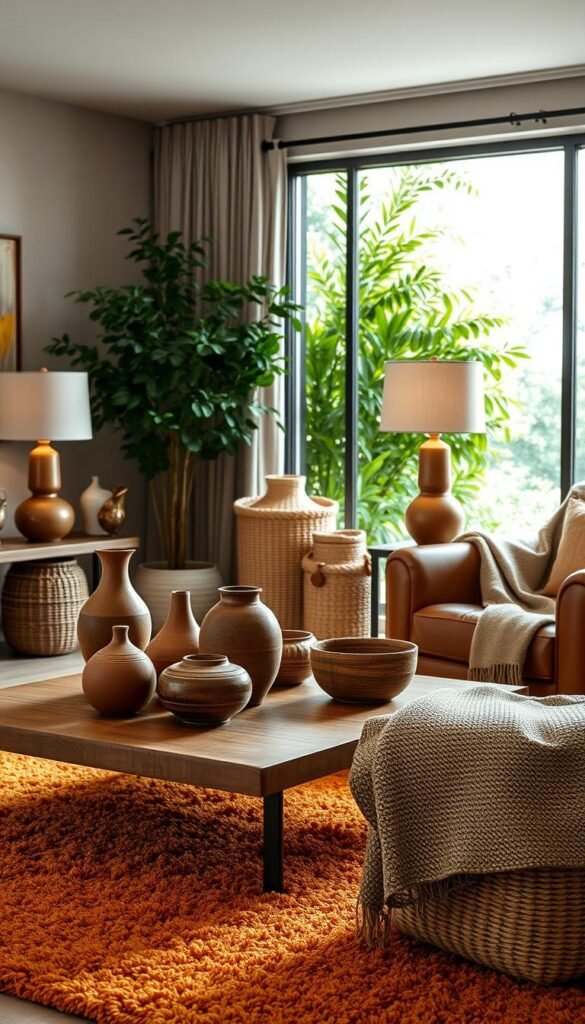 A cozy living room filled with warm, earthy tones.