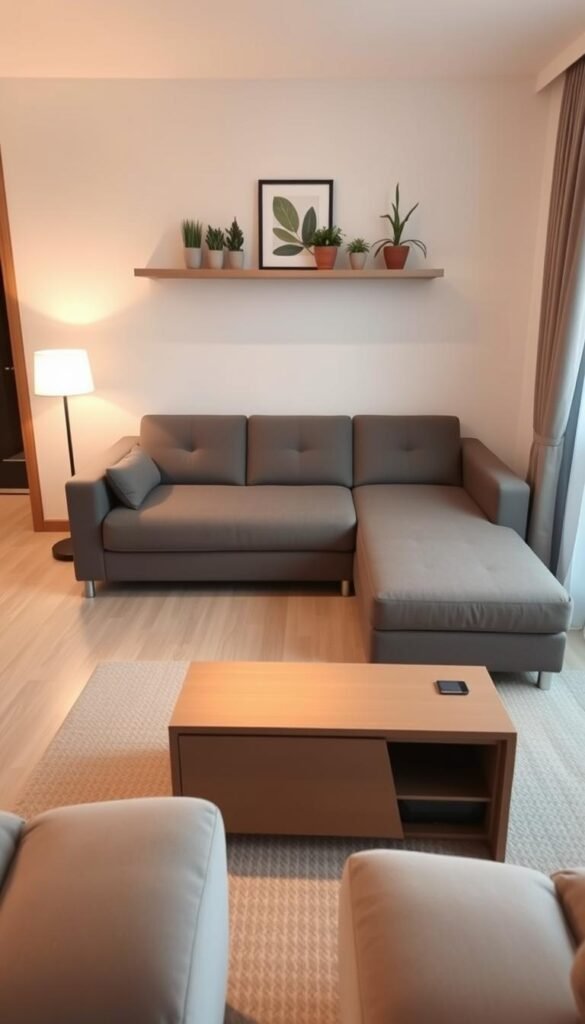 A cozy living room in a small apartment, featuring a sleek, multifunctional sofa that transforms into a chaise lounge and a storage ottoman.
