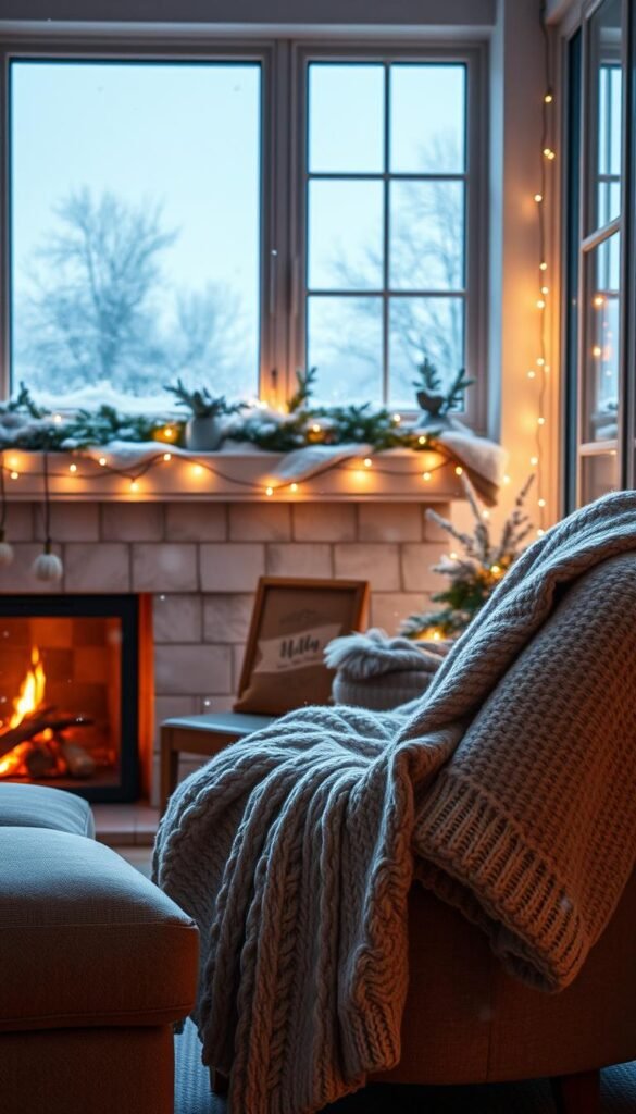 A cozy living room in the heart of a snowy winter wonderland.