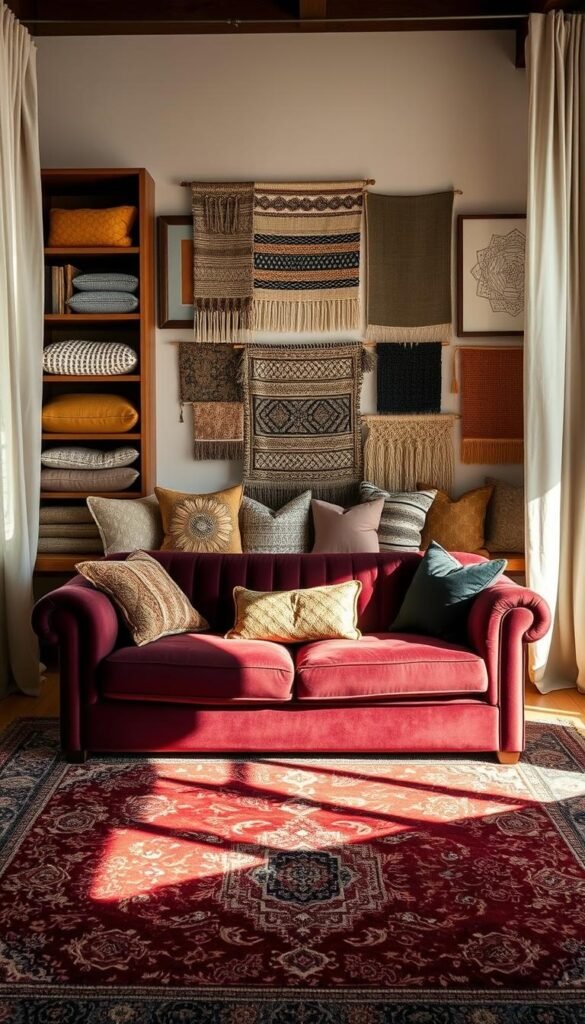 A cozy living room interior showcasing a diverse selection of timeless textiles.