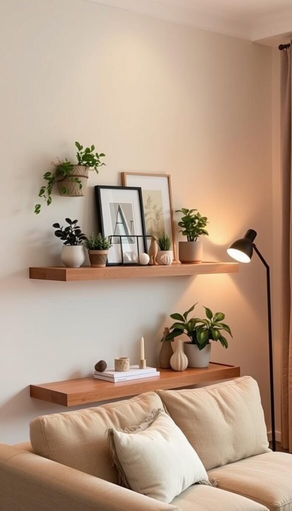 A cozy living room interior, with a floating wood shelf mounted on the wall, adorned with a carefully curated display of decorative elements.