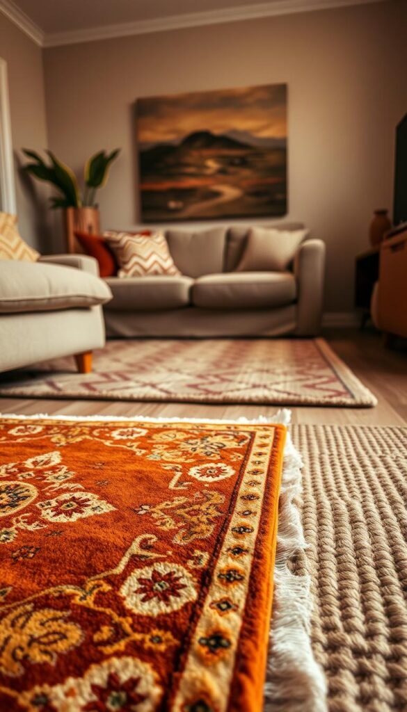 A cozy living room interior with a layered arrangement of area rugs in warm, earthy tones.