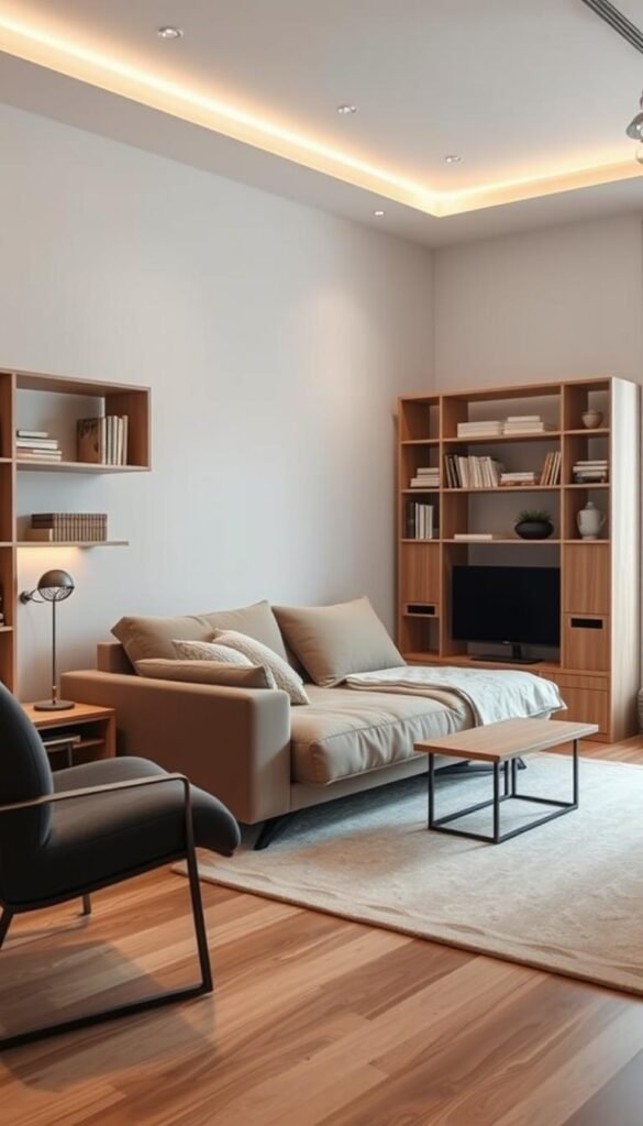 A cozy living room set with a multifunctional sofa-bed combination, surrounded by modular shelving units that can be rearranged to create customizable storage…