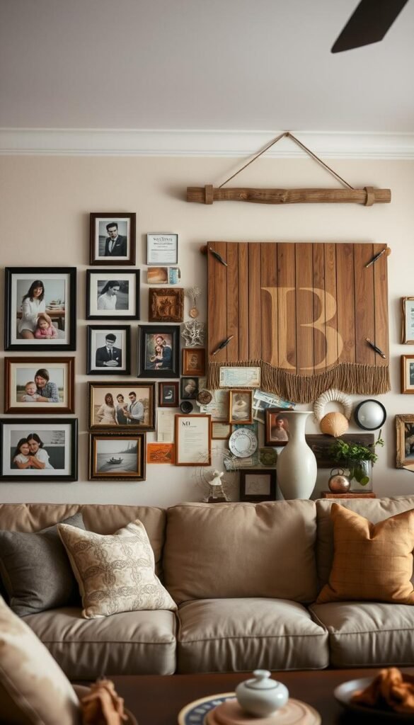 A cozy living room wall adorned with personalized decor that tells the story of the occupants.