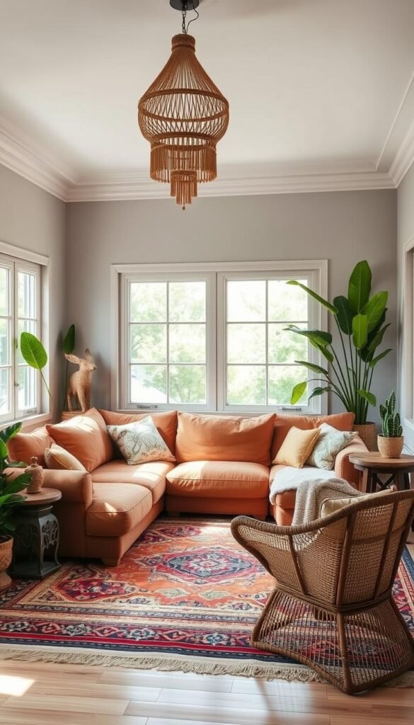 A cozy living room with a boho-chic fusion of 2025 design trends.