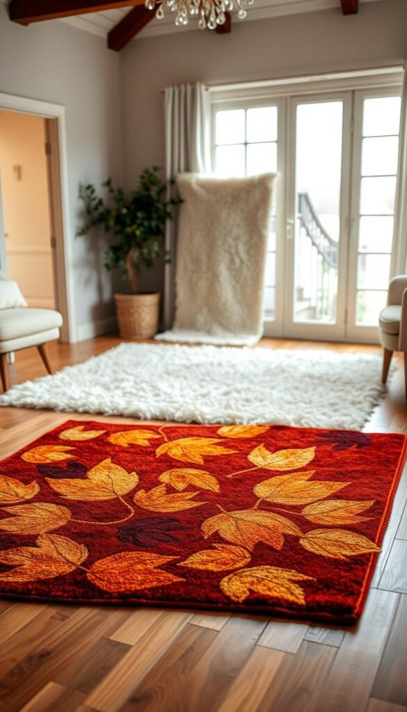 A cozy living room with a collection of seasonal rugs arranged artfully on a warm hardwood floor.