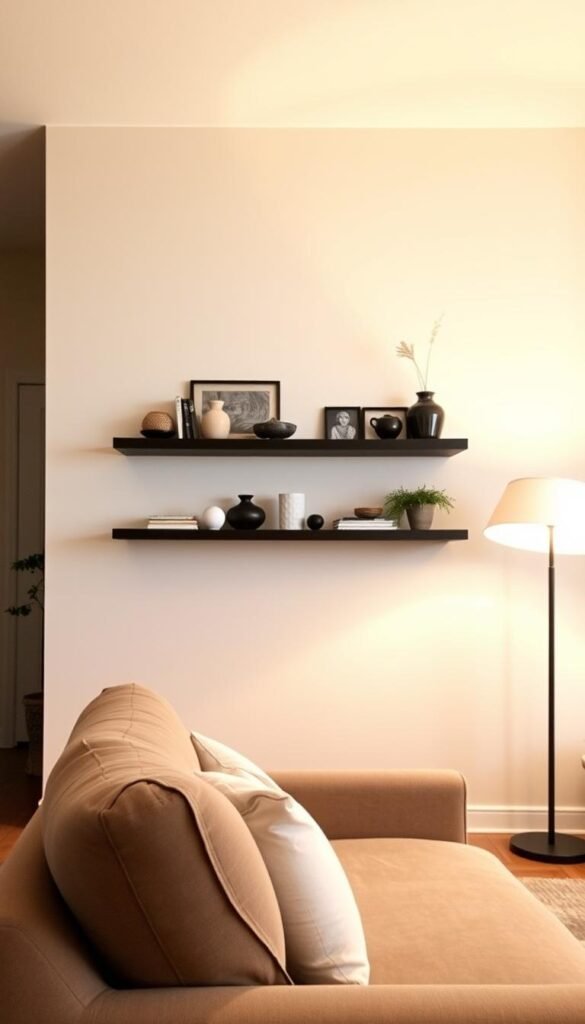 A cozy living room with a floating shelf showcasing a collection of decorative items.