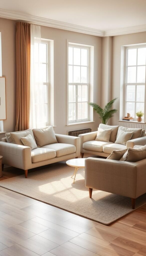 A cozy living room with a group of small-scale contemporary sofas in neutral tones, arranged in a visually balanced layout.