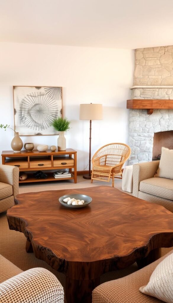 A cozy living room with a harmonious arrangement of natural materials for furniture and fixtures.