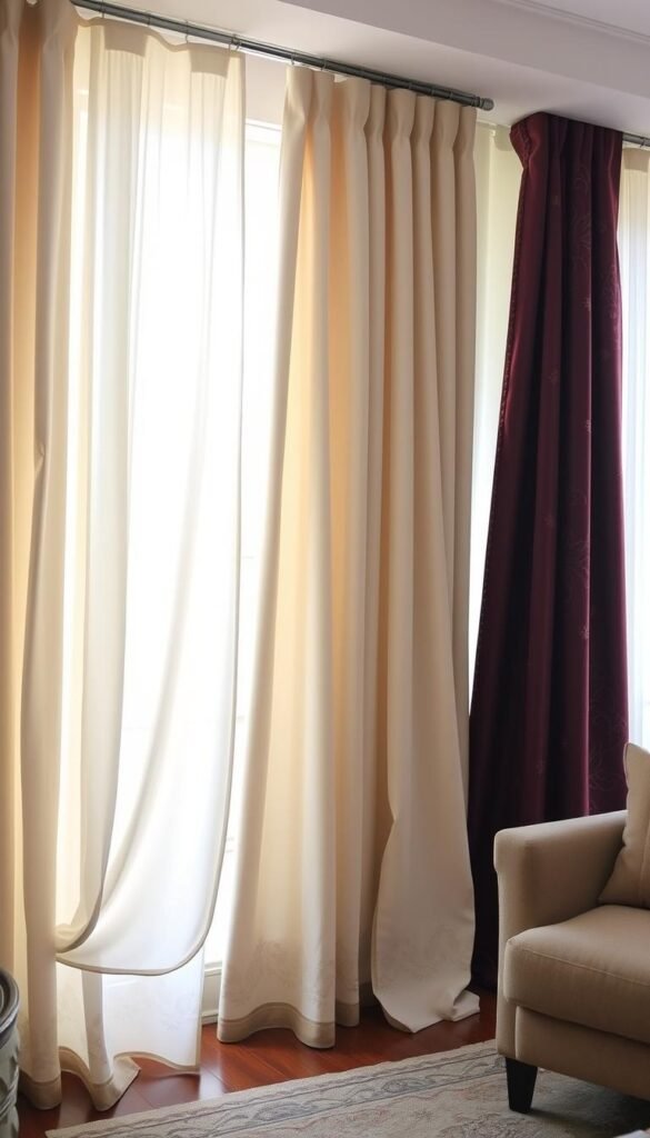 A cozy living room with a large window, natural light streaming in, showcasing an array of elegant curtain styles.