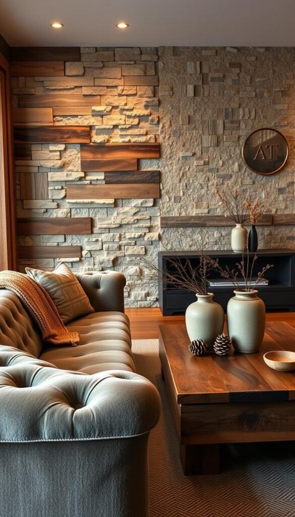 A cozy living room with a layered textural aesthetic.