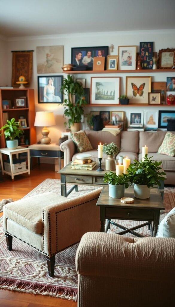 A cozy living room with a mix of thrifted and upcycled furnishings, bathed in warm, soft lighting.