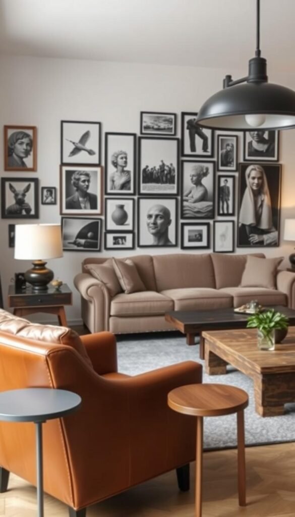 A cozy living room with a mix of vintage and contemporary furnishings.