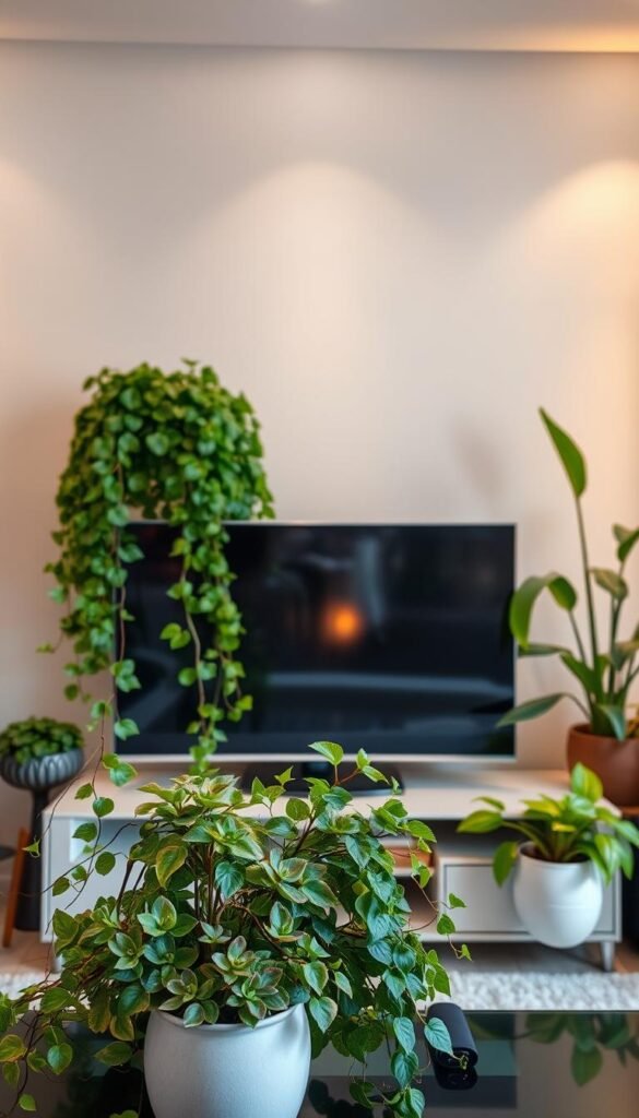 A cozy living room with a modern television set, adorned with lush, verdant plants artfully arranged around it.