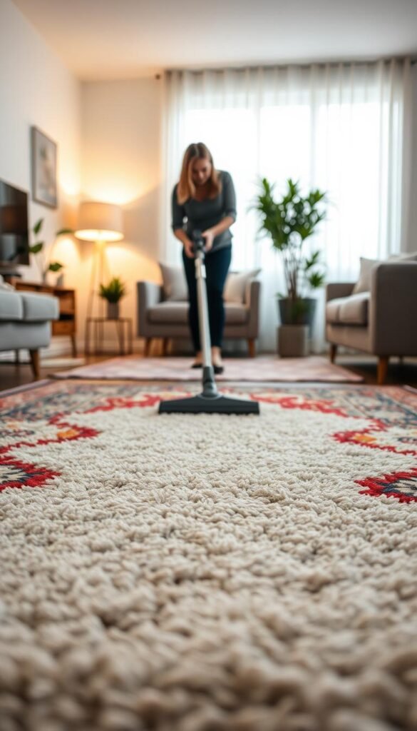 A cozy living room with a neatly maintained area rug in the foreground.