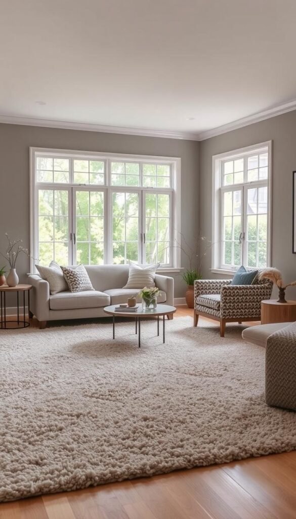 A cozy living room with a neutral color palette, featuring a plush, textured area rug in shades of beige and taupe.