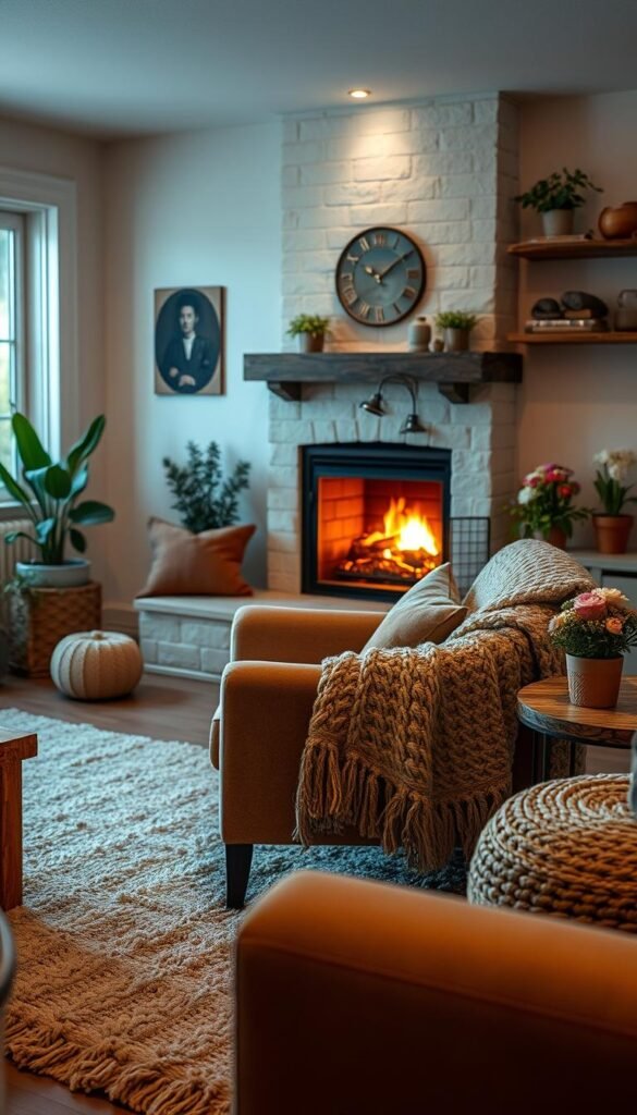 A cozy living room with a plush, inviting armchair and a warm, crackling fireplace in the background.
