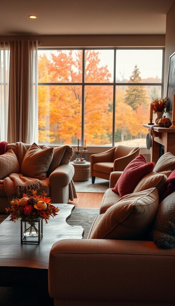 A cozy living room with a plush, oversized sofa adorned with cozy throw blankets and an assortment of plump, inviting pillows.