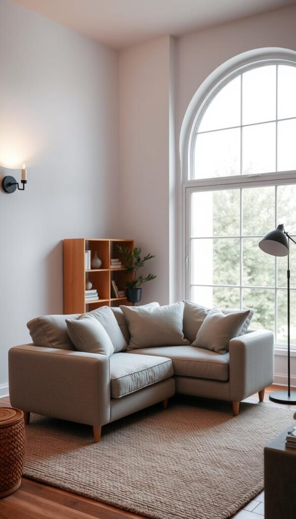 A cozy living room with a small L-shaped sofa placed in the foreground, facing a large window that fills the middle ground with natural light.
