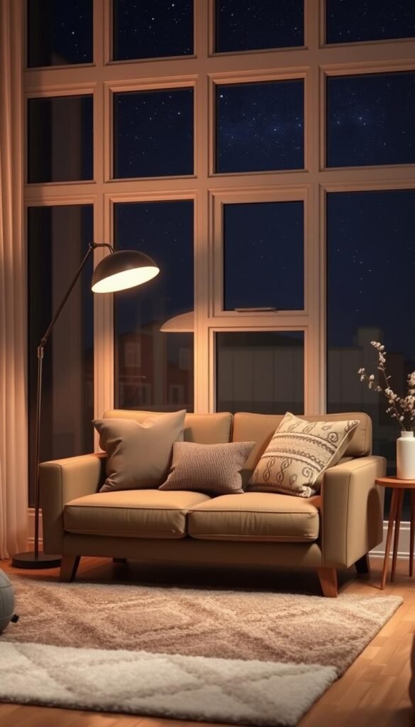 A cozy living room with a space-saving loveseat in the foreground, its clean lines and compact design complementing the small room.