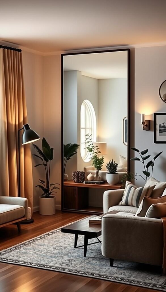 A cozy living room with a strategically placed full-length mirror on the wall, reflecting natural light from the window and creating an illusion of a larger,…