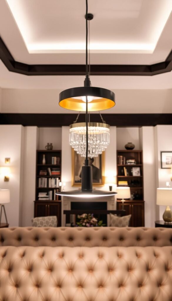 A cozy living room with a variety of carefully curated lighting fixtures.