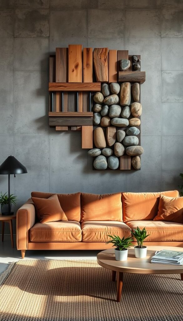 A cozy living room with an eye-catching wall display showcasing unexpected materials.