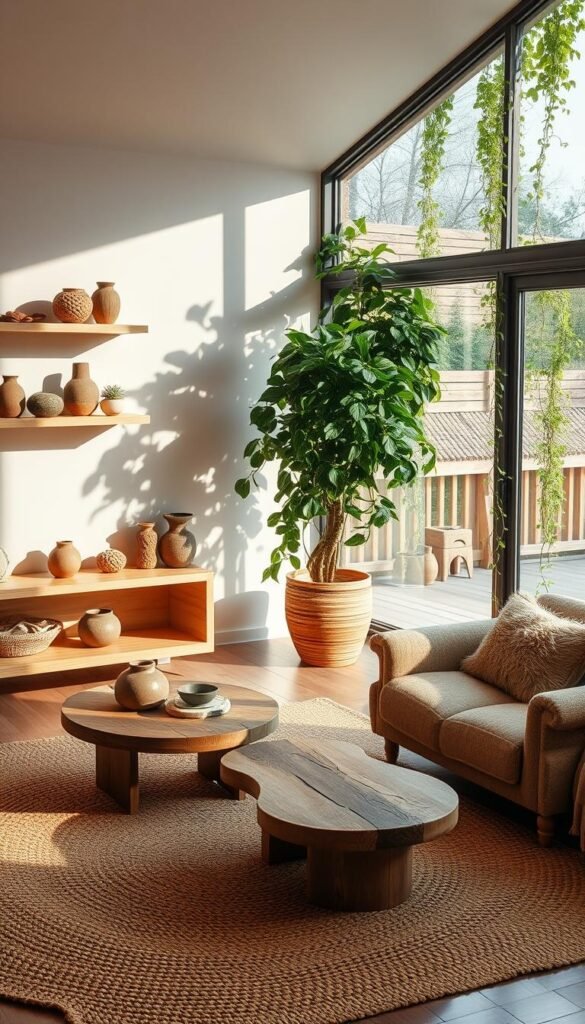 A cozy living room with natural textures and organic shapes, illuminated by warm, diffused lighting.