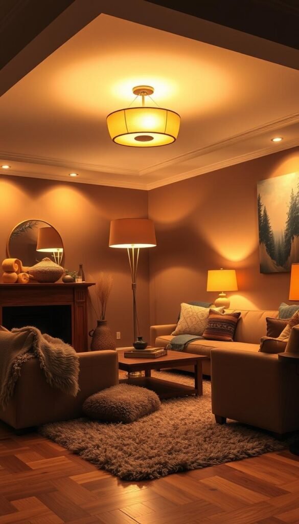 A cozy living room with warm, glowing lighting creating a inviting ambiance.