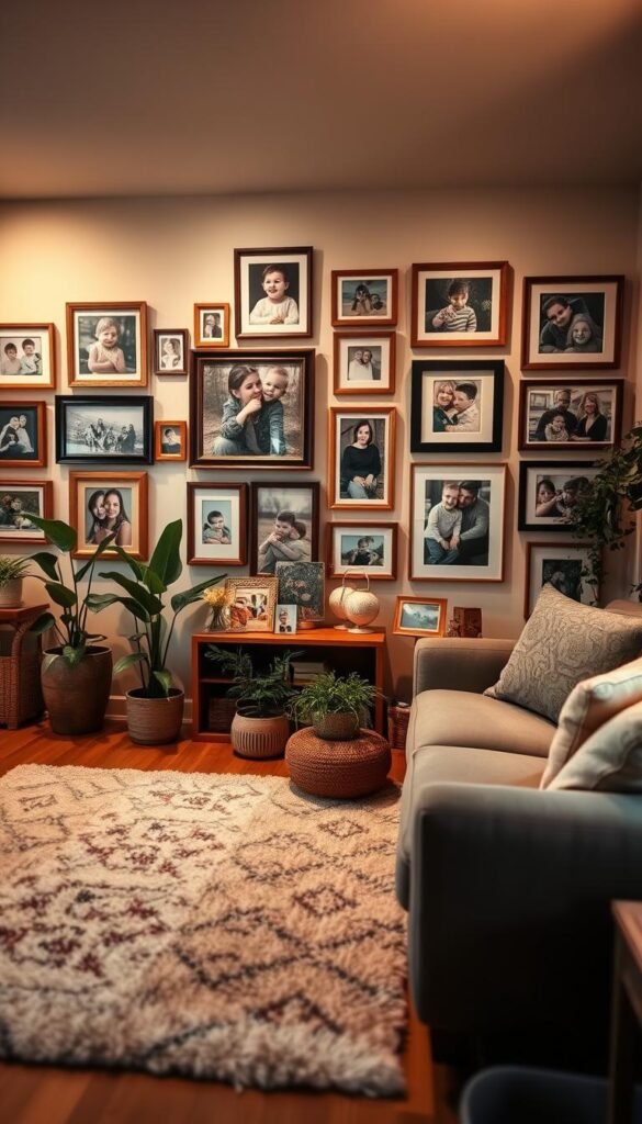 A cozy living room with warm, inviting gallery walls showcasing a heartwarming collection of family photographs.