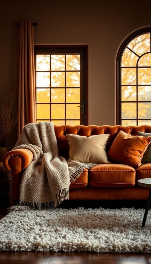 A cozy living room with warm, inviting textiles.
