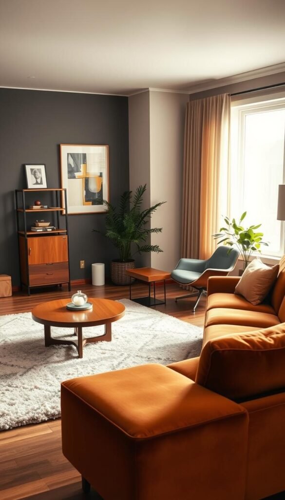 A cozy mid-century modern living room, bathed in warm, diffused lighting from a large picture window.