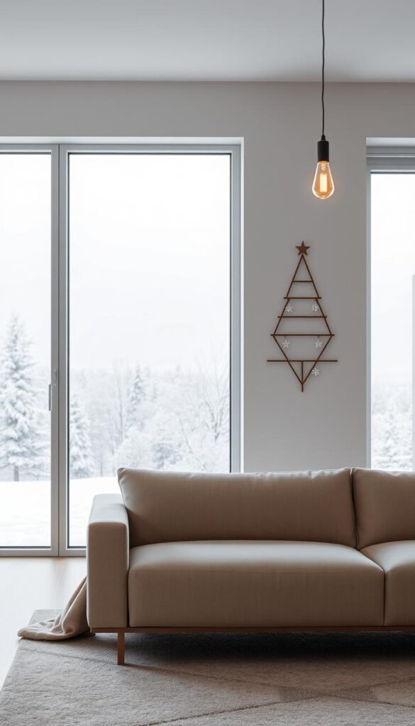 A cozy, minimalist Christmas living room with a large window overlooking a snowy landscape.
