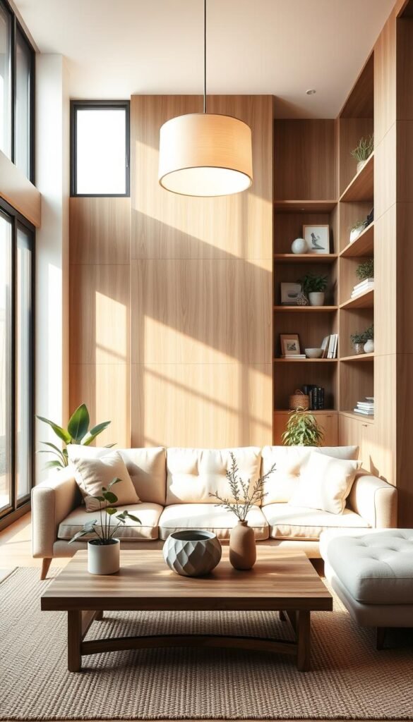 A cozy, minimalist Japandi-inspired living room, bathed in warm, natural light filtering through large windows.