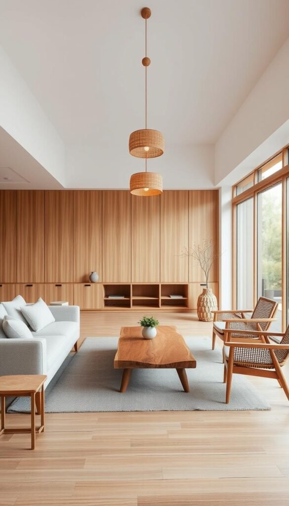 A cozy, minimalist Japandi-inspired living room with natural wood furniture and neutral tones.